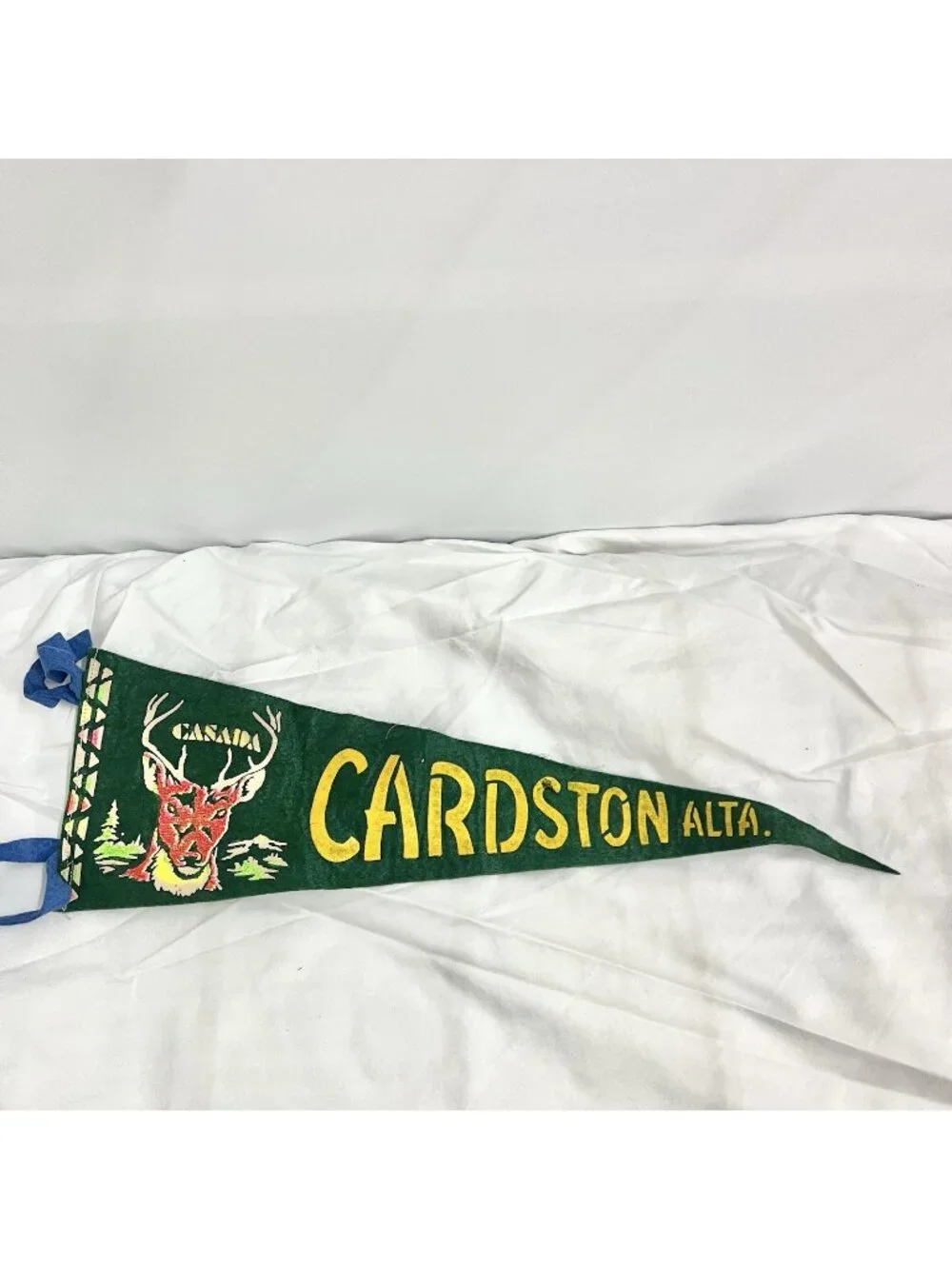 Vintage Cardston Alberta Canada Felt Pennant Deer Souvenir Travel Banner 18”